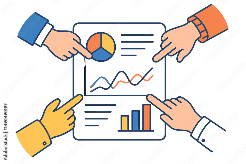 Poster hands pointing at data charts in a vector illustration representing teamwork and analysis in a busin