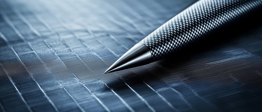 Close-up of a textured pen resting on a detailed, patterned metallic surface