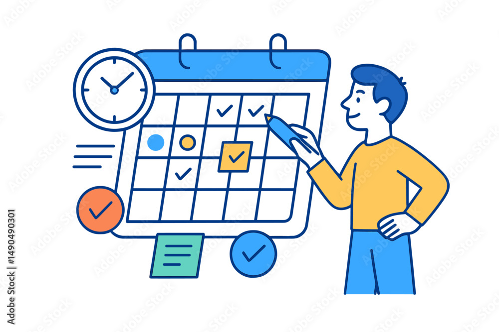 Poster vector illustration of a person organizing a calendar while managing time and tasks creatively in a 