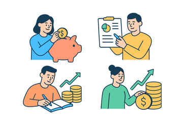 Financial planning activities featuring saving, budgeting, and investment strategies in a modern vector style