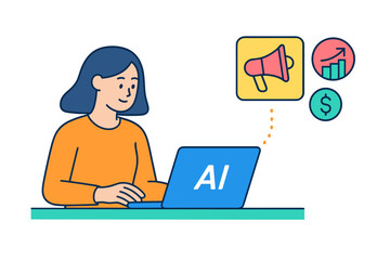 Vector illustration of a woman using a laptop for artificial intelligence marketing strategies