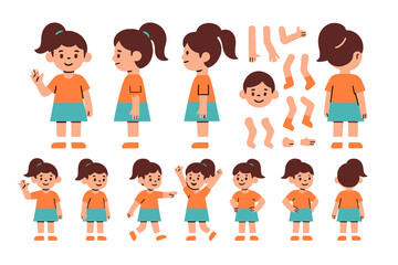 Vector illustration of a cheerful young girl showcasing various poses and expressions in casual attire