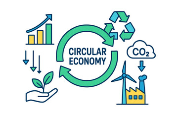 Circular economy concept with visual representations of sustainability and resource management in a modern setting