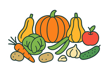 Colorful vector illustration of assorted vegetables and fruits displayed together on a light background