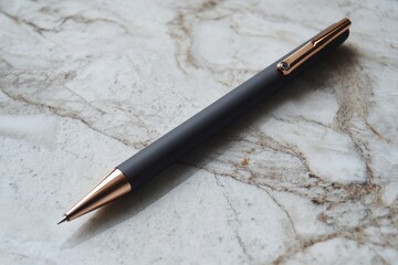 Sleek, gray, metal writing instrument resting on a marble surface.