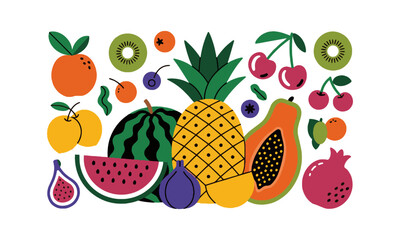A colorful modern vector illustration of a variety of fruits in a flat, easily scalable and editable.