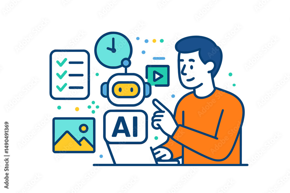 Poster vector illustration of a person interacting with a friendly ai robot while using a laptop in a creat