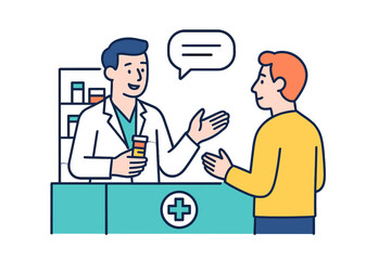 Pharmacist advising a customer on medication during a consultation in a modern pharmacy
