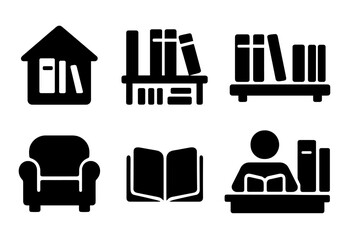 Vector illustration of reading and studying concepts in a cozy home library setting with bookshelves and seating areas