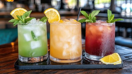 Assorted refreshing cocktails with citrus and mint in glassware on tray