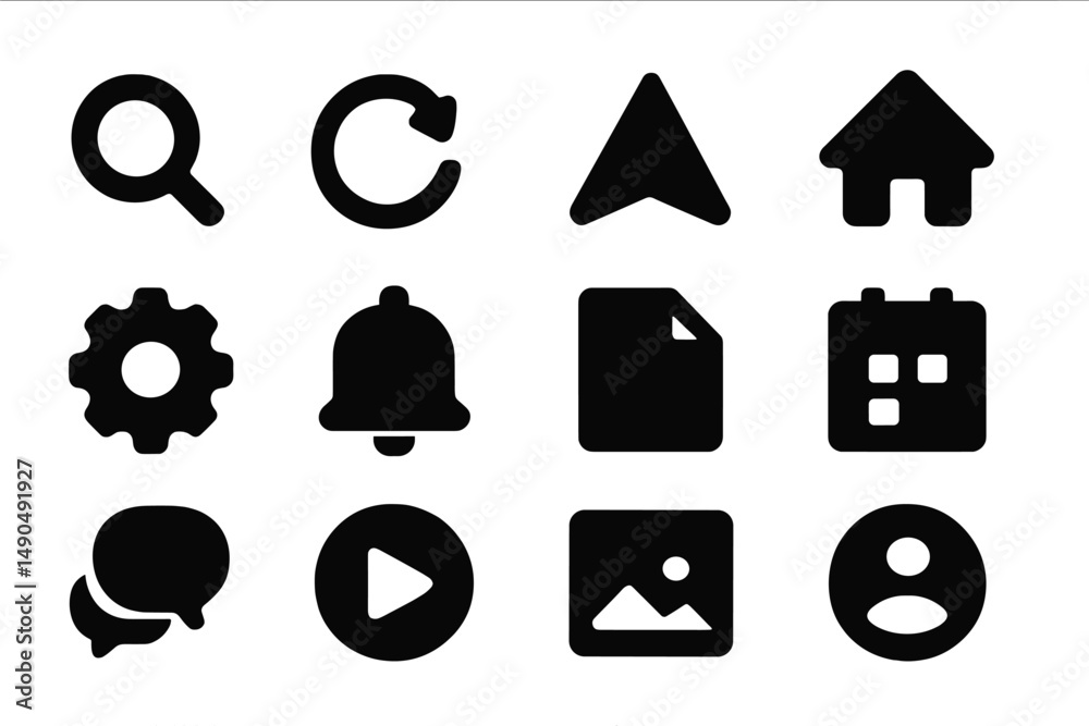 Poster collection of vector icons representing common digital actions and features for user interface appli