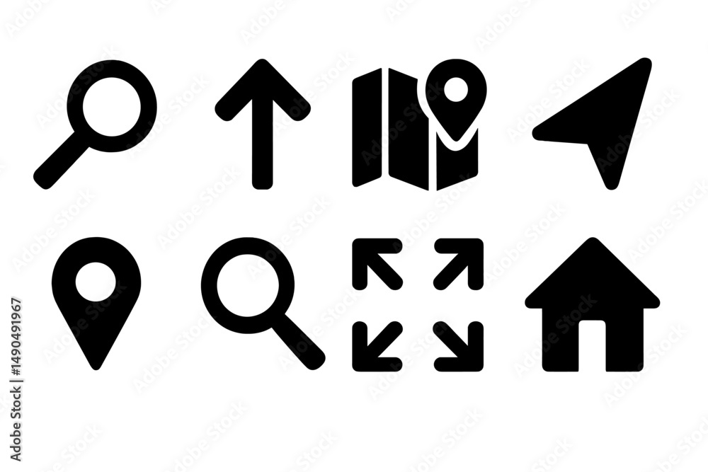 Poster collection of vector icons depicting navigation elements for digital maps and location services