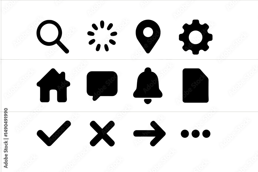 Poster collection of black vector icons representing various user interface elements for digital applicatio