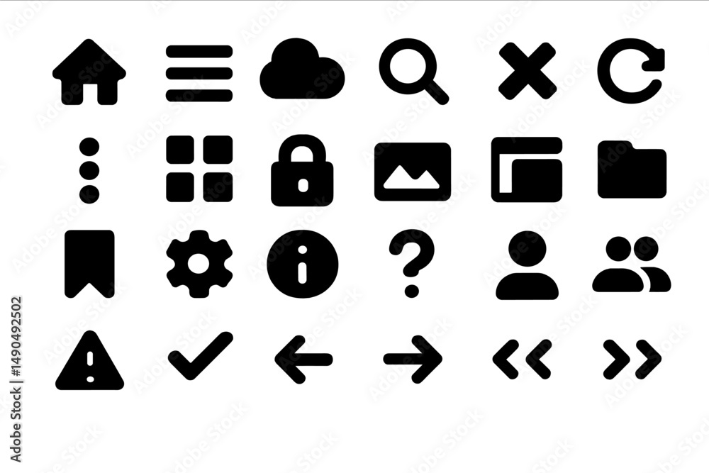 Poster collection of black vector icons representing digital technology and user interface elements for web