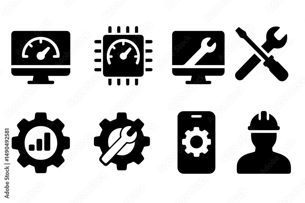 Poster tools and icons representing technology maintenance and monitoring for efficient systems management