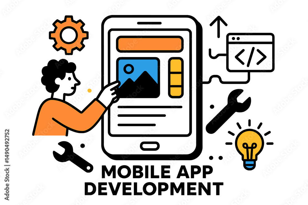Poster mobile app development process illustrated with design elements and tools in a vector style for digi