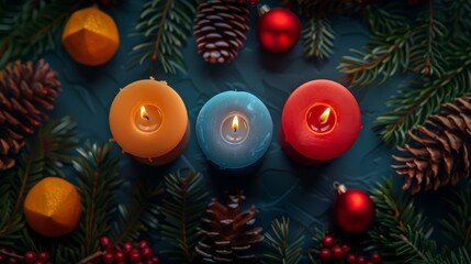 Three colorful candles surrounded by pinecones, evergreen branches, and red ornaments create a festive holiday atmosphere.