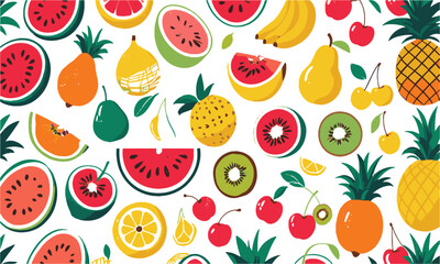 A colorful modern vector illustration of a variety of fruits in a flat, easily scalable and editable.