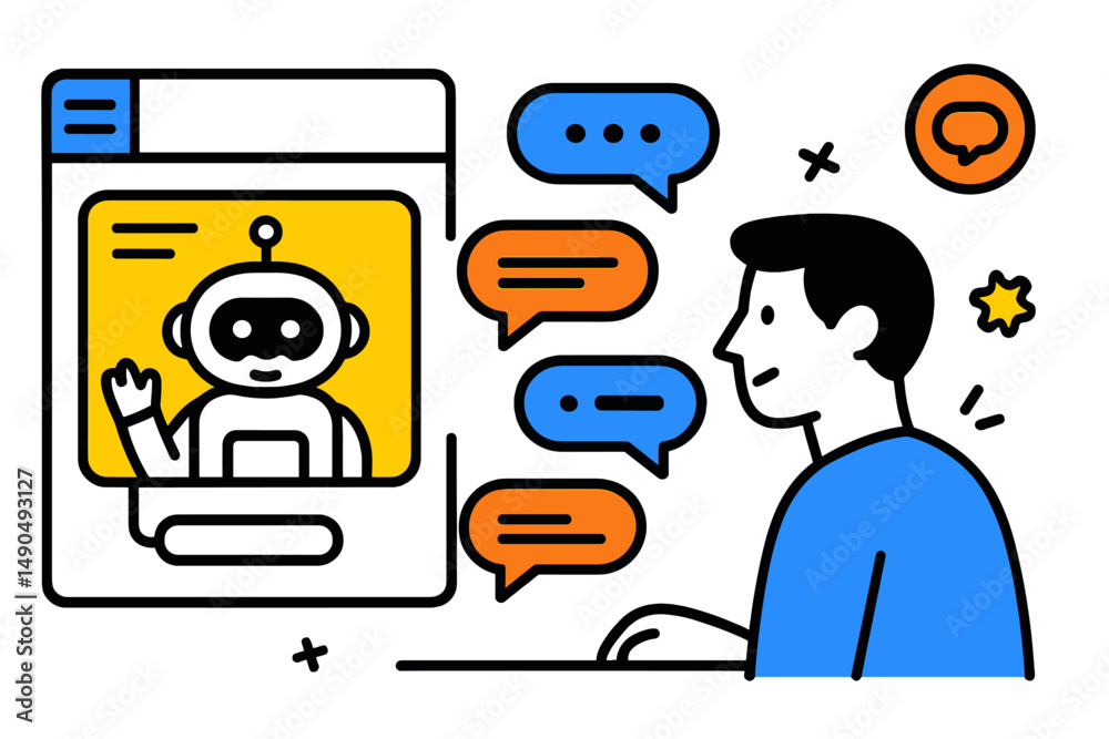 Poster virtual interaction between a person and a friendly chatbot on a digital platform in a modern worksp