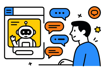 Virtual interaction between a person and a friendly chatbot on a digital platform in a modern workspace