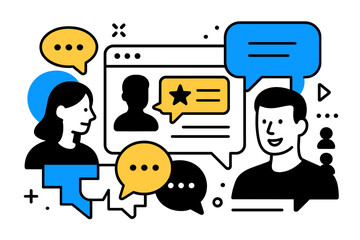 Vector illustration of two people engaging in discussion about online communication with speech bubbles and digital elements