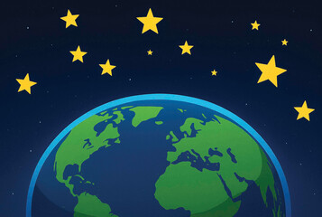 Fototapeta premium bright green and blue globe of Earth. The green color represents the landmasses or continents, clearly visible in a familiar world map schematic, including much of Europe, Africa, and parts of Asia. 