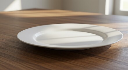 Empty White Plate on a Wooden Table with Natural Light