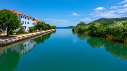 Fototapeta premium Serene waterway reflecting buildings