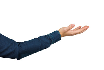 Man arm wearing blue jeans jacket close up like holding something imaginary isolated on transparent background. Open hand palm ready to receive, human gesture