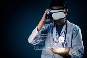 Doctor using VR headset interacting with AI virtual assistant for medical diagnosis and health data analysis in futuristic healthcare technology.