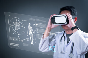 Doctor using VR headset for AI-powered medical diagnosis and virtual health data visualization with futuristic technology in healthcare.