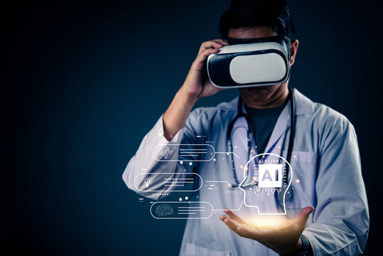Doctor using VR headset interacting with AI virtual assistant for medical diagnosis and health data analysis in futuristic healthcare technology.
