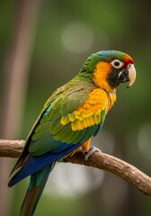 Fototapeta premium Vibrant Green Yellow And Blue Parrot Perched On Branch