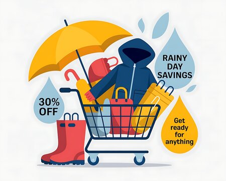 Rainy day shopping illustration promoting 30 percent off savings on essential weather gear