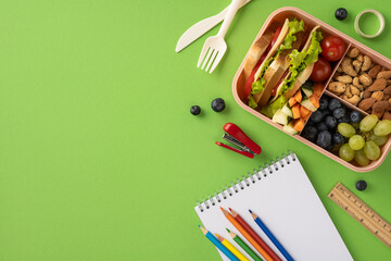 A prepared lunchbox containing nutritious food items alongside school supplies arranged on a green...