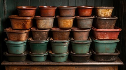 Stacked Vintage Pots with Rustic Shelf.