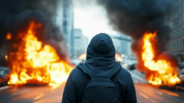 A person in a hoodie stands on the street watching as vehicles engulfed in flames create a smoky atmosphere amid urban turmoil.