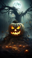Fototapeta premium Glowing jack-o'-lantern sits before a spooky, gnarled tree under a full moon.