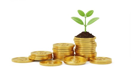 Growing Money Plant on Stack of Gold Coins - Financial Growth and Investment Success Concept