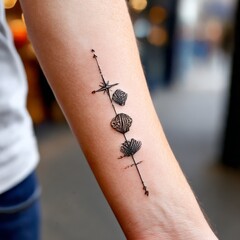 Obraz premium Arm Adorned with Seashell and Star Tattoo, Showing a Delicate and Artistic Design on Skin
