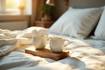 Morning sunlight illuminates two mugs of coffee on a small wooden tray resting on a neatly made bed.