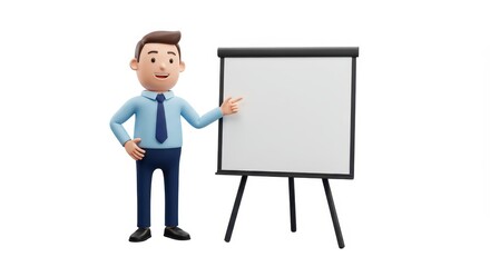 Friendly Cartoon Businessman Presenting on Whiteboard; 3D Render of Male Character Giving Presentation with Blank Flipchart