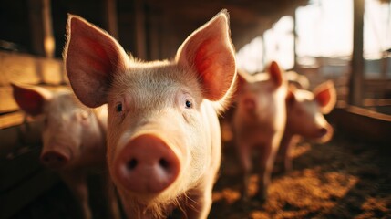 Close-up of a curious piglet in a sunlit barn with other piglets in the background.