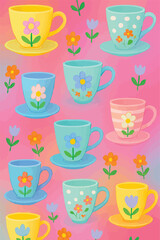 Cups and Saucers Print Design in Vector