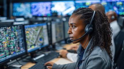 A focused operator with a headset monitors multiple screens displaying complex data in a high-tech control room.