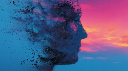 A human face dissolves into blue and pink clouds, blending with a vibrant, abstract sunset sky.