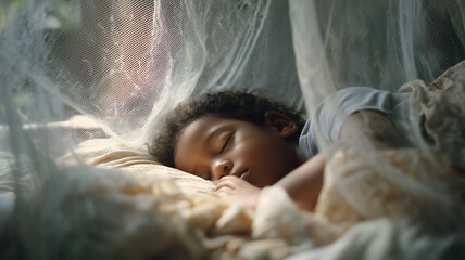 Peaceful sleep child under mosquito net dreaming sweet dreams