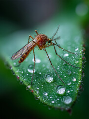 Fototapeta premium Mosquito on dew-covered leaf macro photography