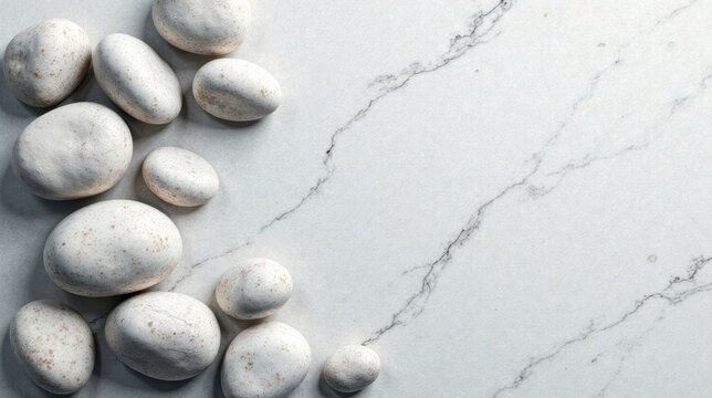 Serene stones arranged on a minimalist marble surface, creating a tranquil and calming visual aesthetic