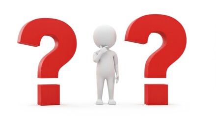 Confused 3D stick figure standing between red question marks